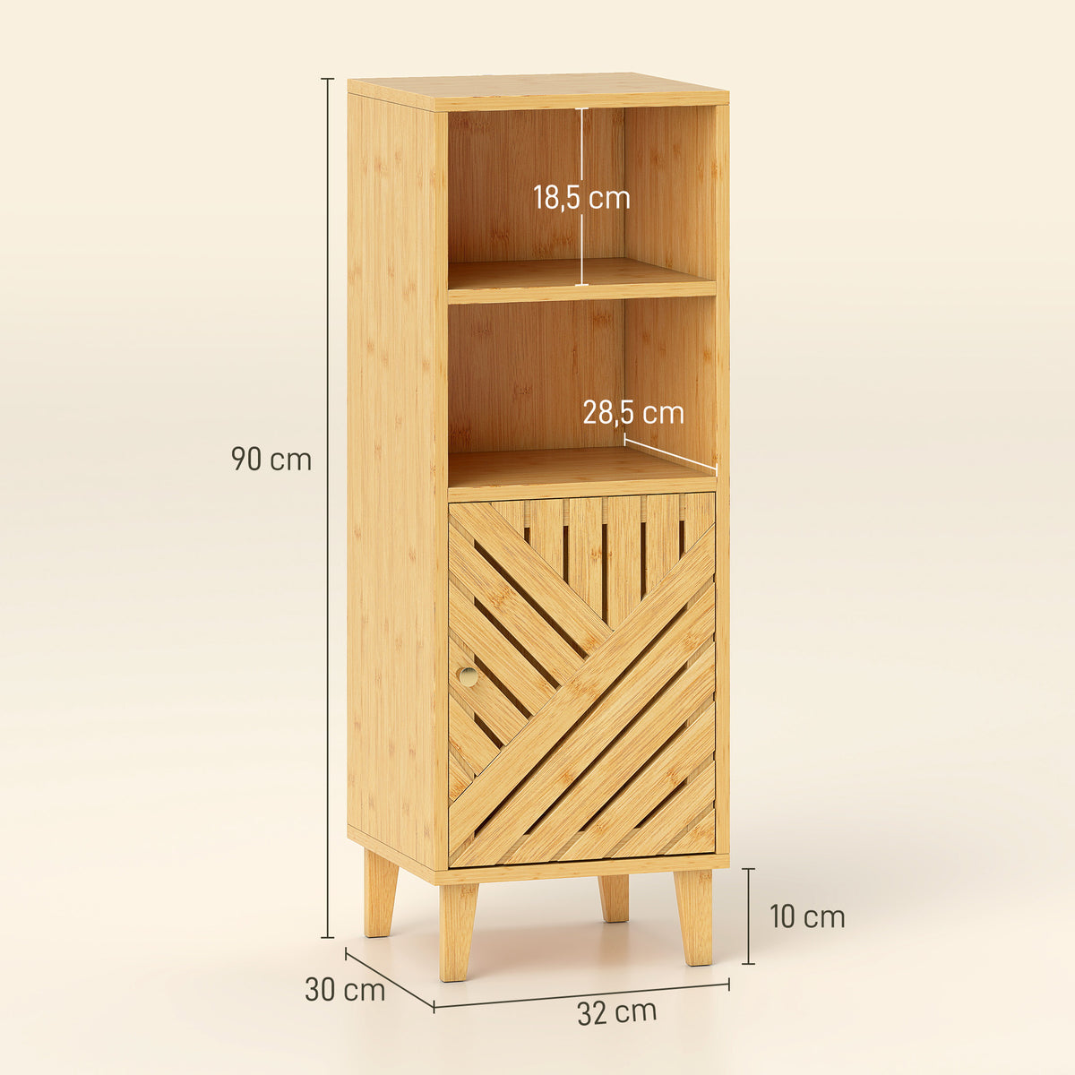 Meuble de salle de bain, meuble de rangement avec 1 placard, 2 compartiment ouvert, 32 x 30 x 90 cm, effet bois naturel-2