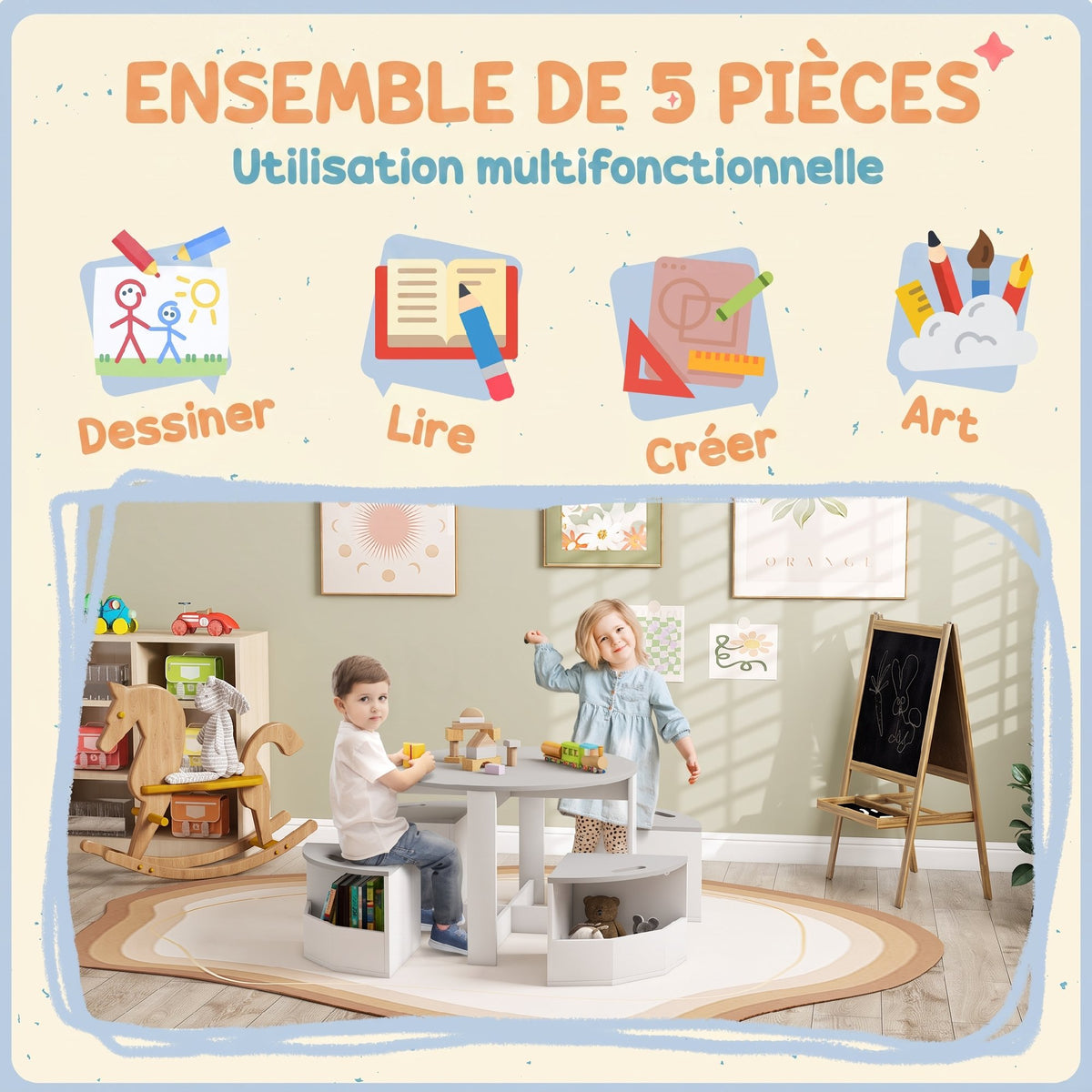 Table Enfant avec 4 Chaises 5 Pièces avec Rangement, Cadeau pour Fille Garçon 3-8 Ans, Ø 78 x 49 cm, Gris-3