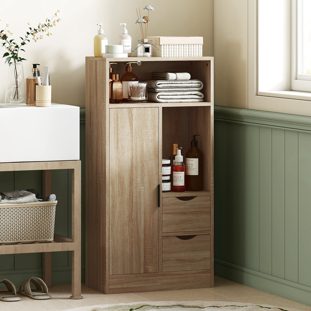 Meuble de salle de bain, meuble de rangement étroit avec 2 tiroirs, compartiments ouverts, 50x25x100cm, bois naturel-1