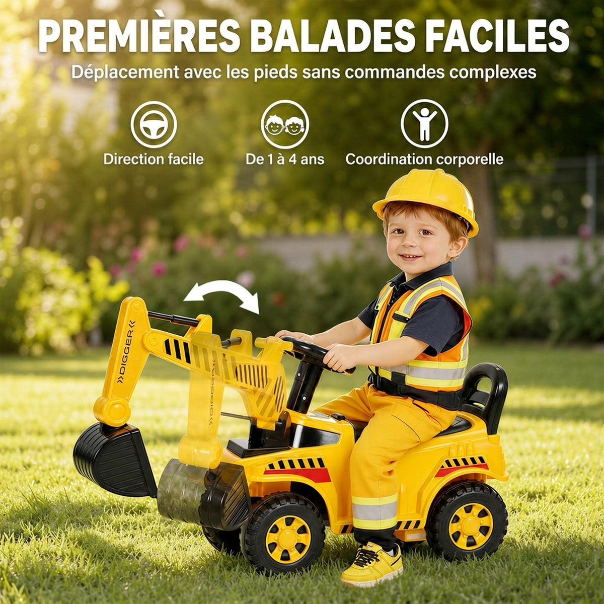 Tractopelle Enfant, Porteur Pelleteuse avec Casque de Sécurité, Klaxon et Bras d'Excavation Amovible, 1 à 4 Ans, Jaune-4