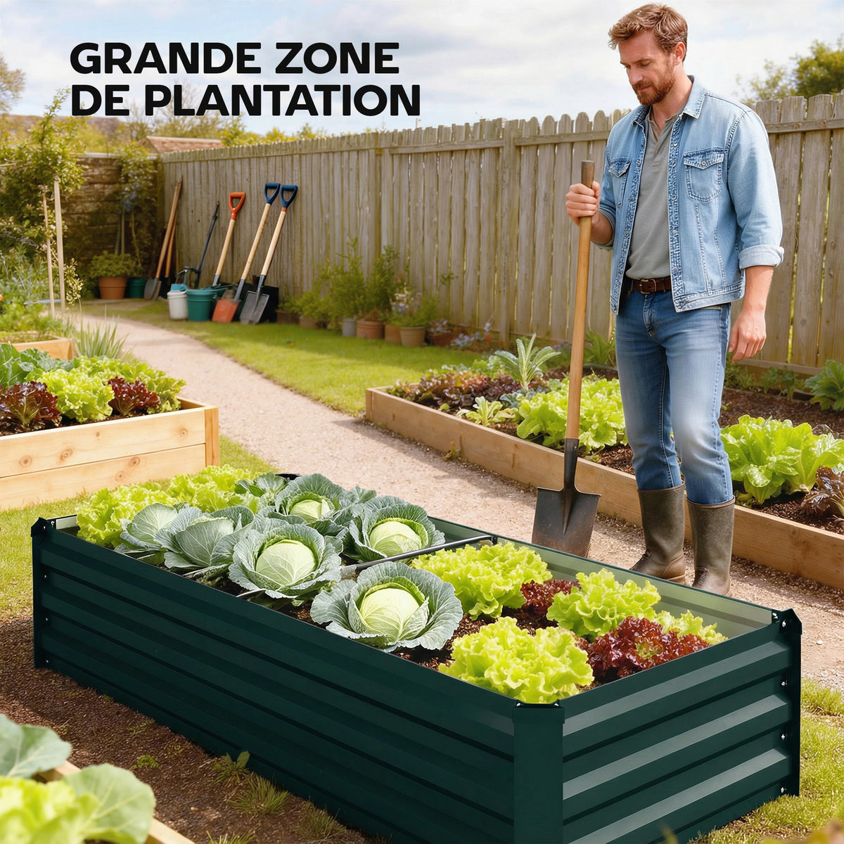 Jardinière rectangulaire potager de jardin en acier galvanisé bordure de sécurité et fond ouvert 150x70x30cm vert-3