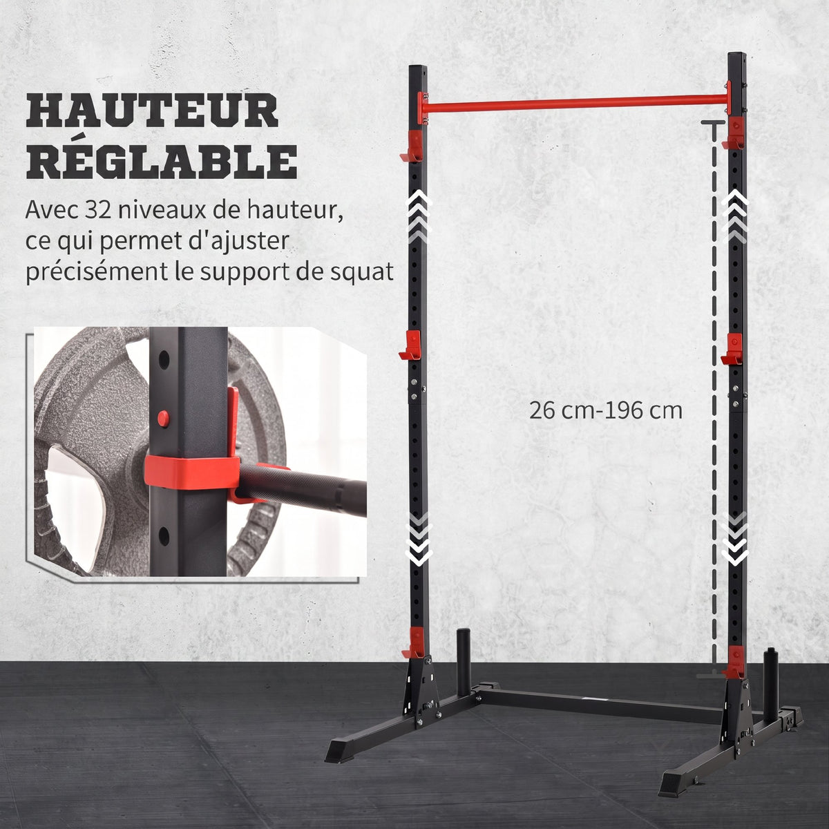 Squat Rack Réglable 32 Niveaux en Acier, Crochet, Barre de Traction, Base Antidérapante, 117,5x122x226cm, Noir-4