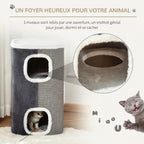 Tonneau à Gratter pour Chat 3 Niveaux en Peluche et Sisal, 3 Zones, 2 Grands Trous Interconnectés, 40x40x74cm, Gris-3