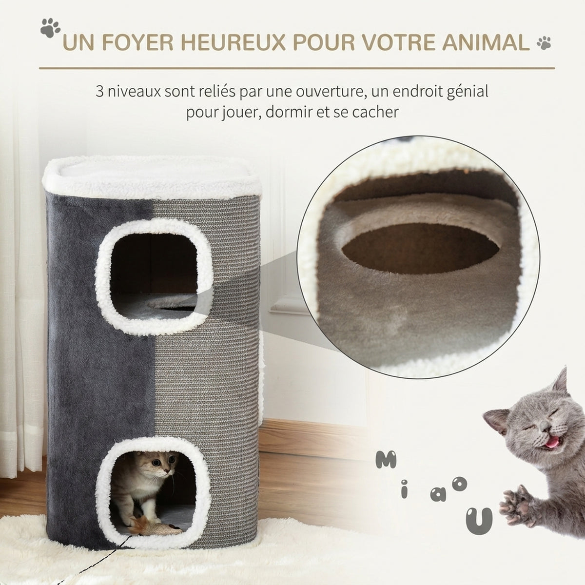 Tonneau à Gratter pour Chat 3 Niveaux en Peluche et Sisal, 3 Zones, 2 Grands Trous Interconnectés, 40x40x74cm, Gris-3