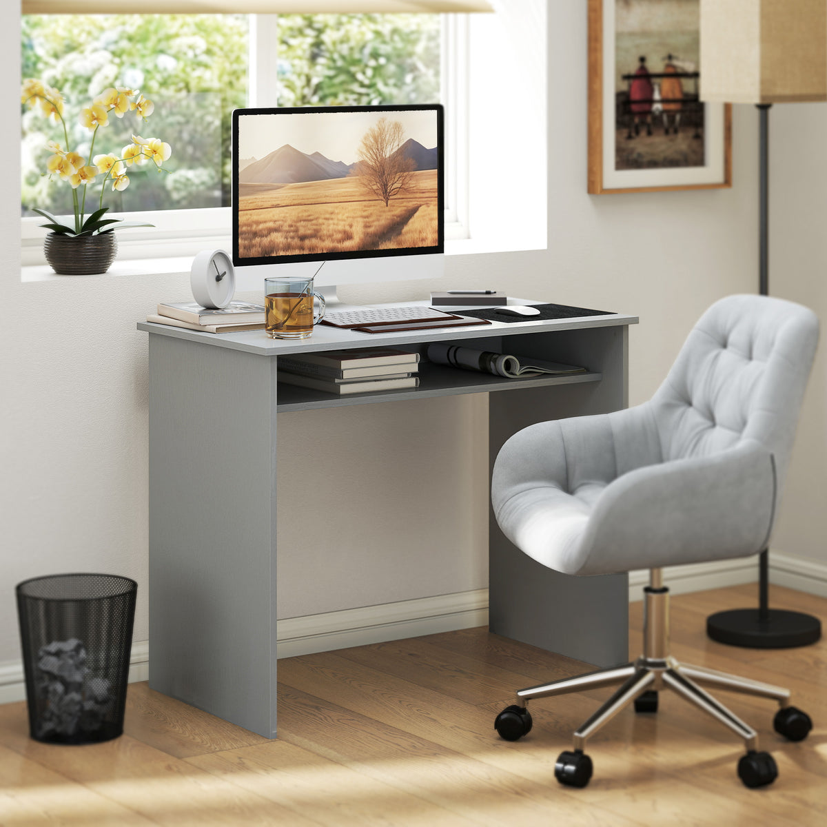 Bureau informatique sobre épuré compact avec 1 étagère, panneaux de particules, dim. 90l x 50P x 74H cm, gris-1