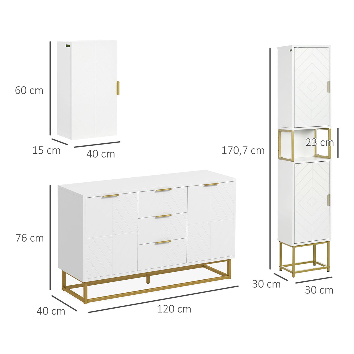 Ensemble de meubles de rangement - lot de buffet, armoire murale et meuble colonne - étagère réglable, pieds en acier-2