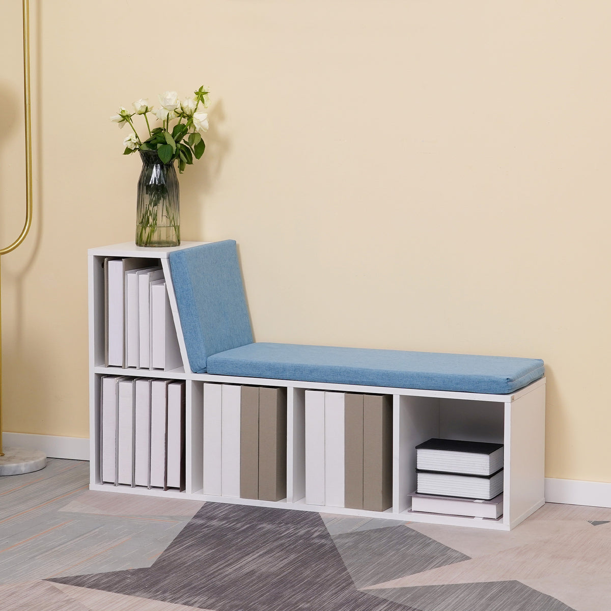Bibliothèque banc 2 en 1 avec 5 compartiments de rangement et 2 coussins 108 x 30 x 60 cm blanc bleu-1