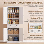 Buffet Haut Cuisine, Armoire de Cuisine avec 4 Portes, Tiroir et Étagères Réglables, Style Rustique, 62x38x173cm, Blanc-3