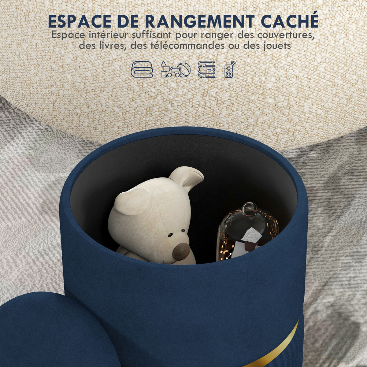 Pouf tabouret repose-pied coffre de rangement en velours côtelé 36 x 36 x 44 cm pour salon chambre bleu-3