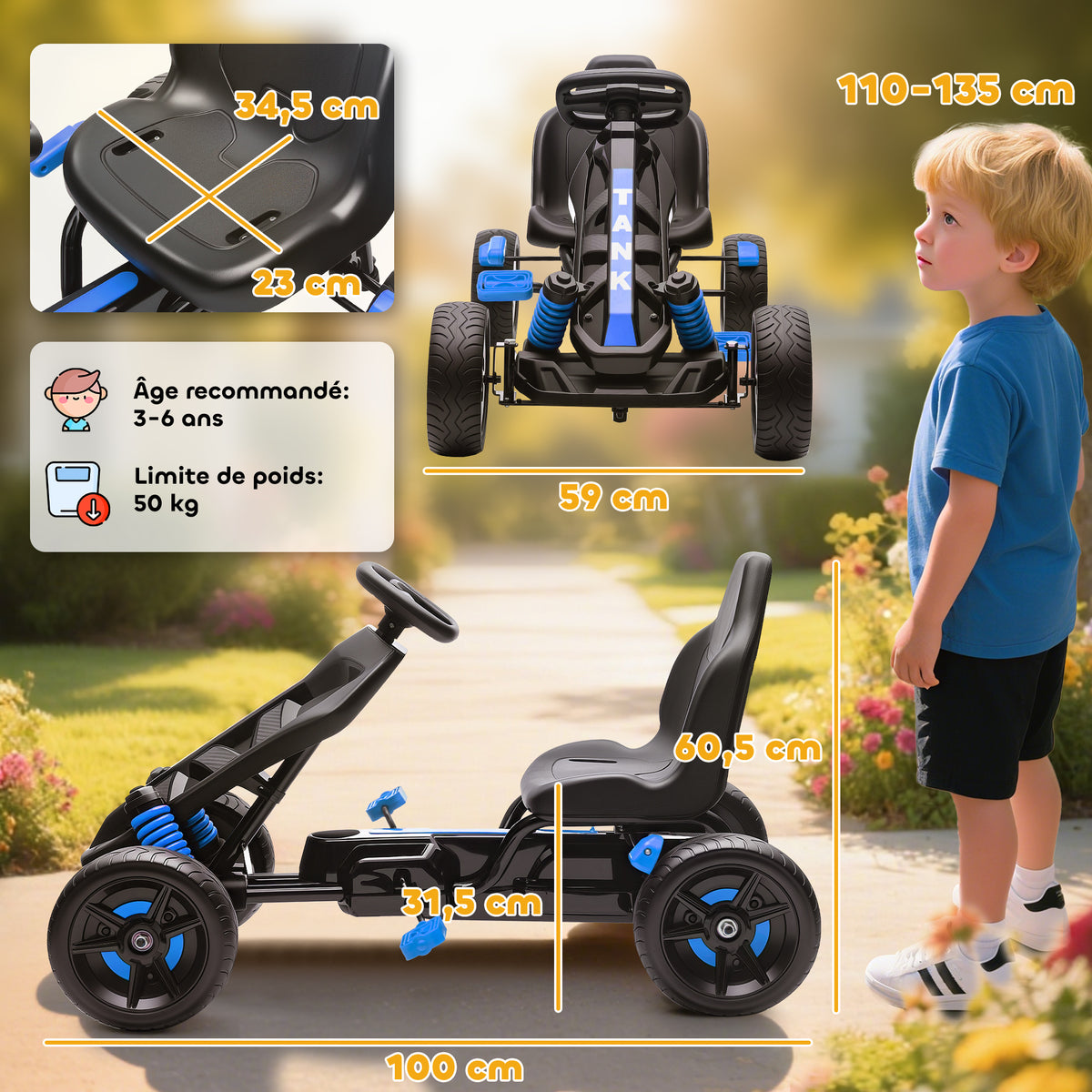 Kart à pédales pour enfants, karting enfant 3 à 6 ans avec roue libre, frein, roues EVA antidérapantes, bleu-2