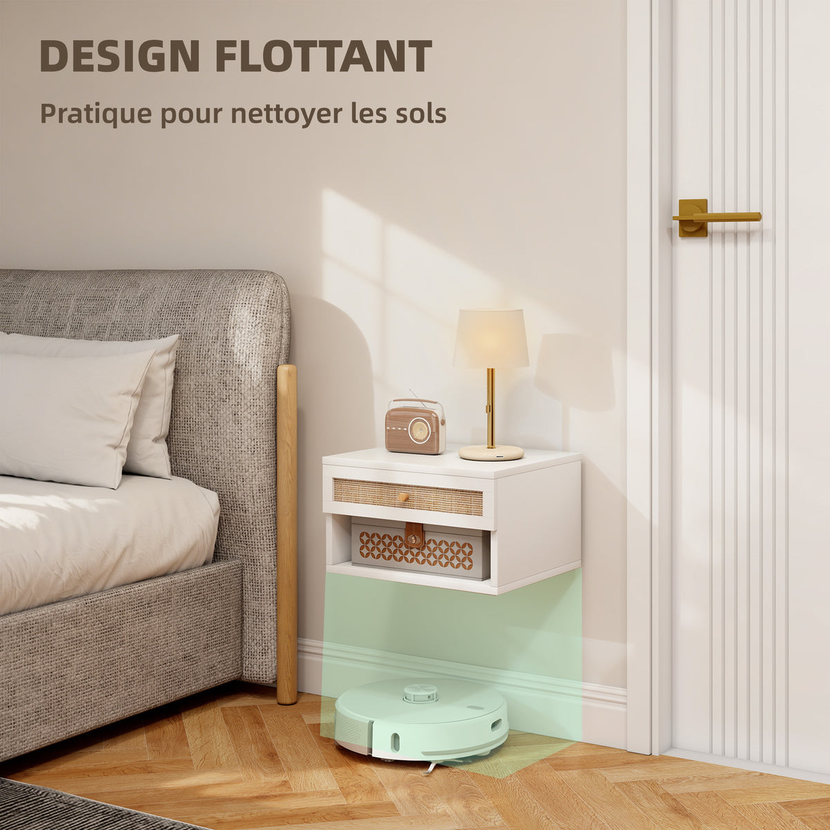 Lot de 2 tables de chevet murales tiroir coulissant, niche, plateau - en bois dim. 40L x 34l x 23H cm-4