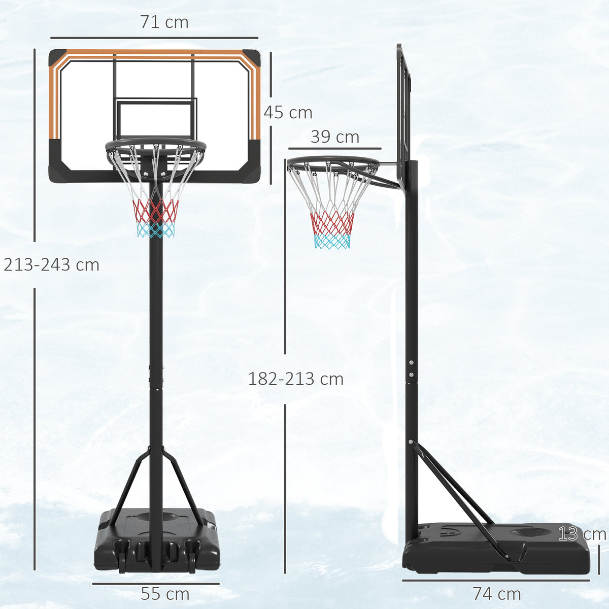 Panier de basket sur pied hauteur réglable 213 - 243 cm avec base de lestage roulettes panneau arrière robuste noir-2
