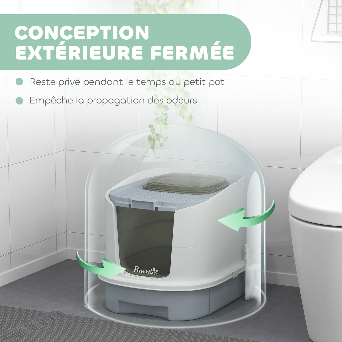 Maison de toilette pour chat bac à litière fermé chat avec porte translucide pelle incluse 40,5 x 52,5 x 42,5 cm gris-3
