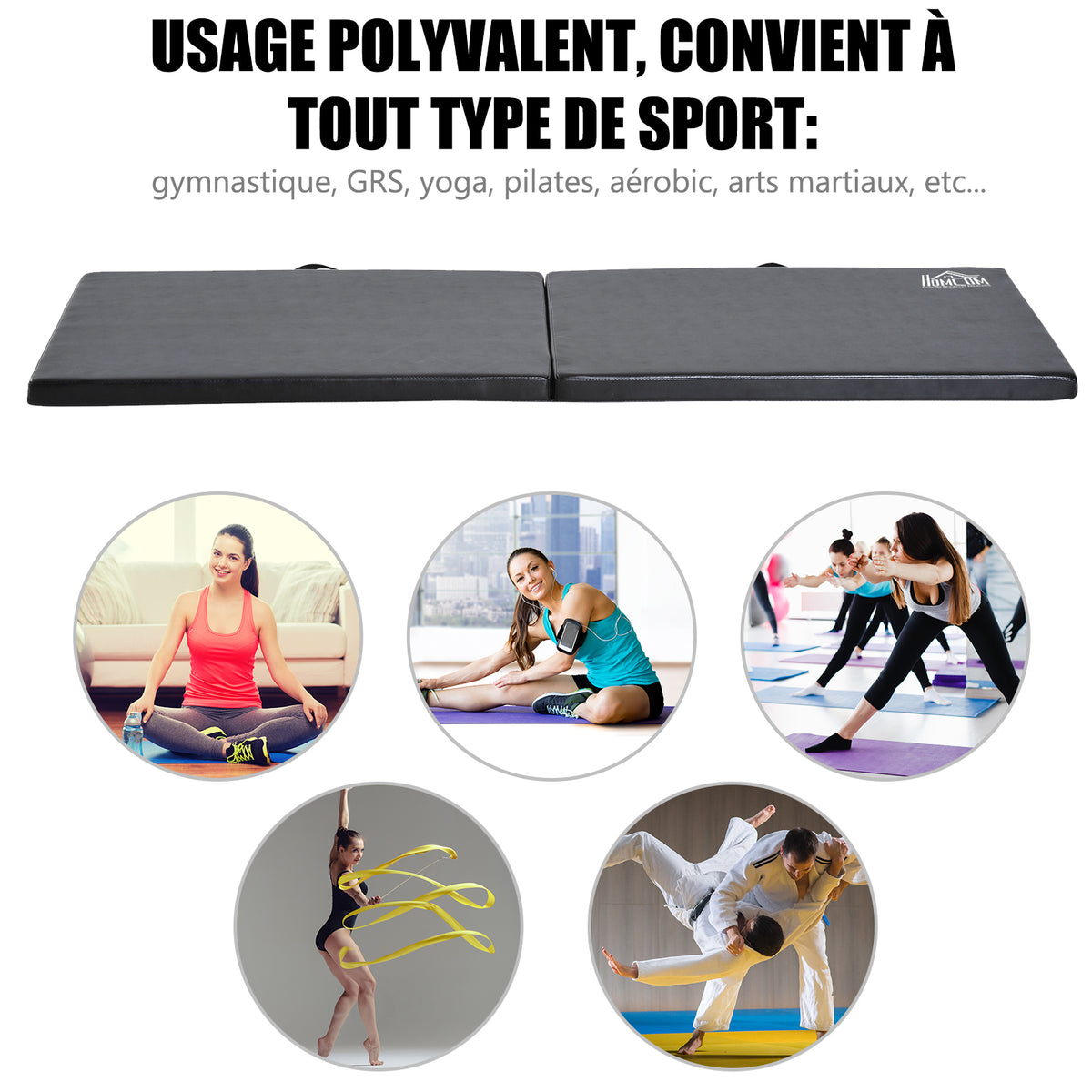 Tapis de gymnastique yoga pilates fitness pliable portable grand confort 180L x 60l x 5H cm revêtement synthétique noir-3