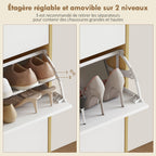 Meuble à chaussures, armoire à chaussures étroite, 3 tiroirs rabattables, porte haute brillante, 60x24x127cm, blanc-5