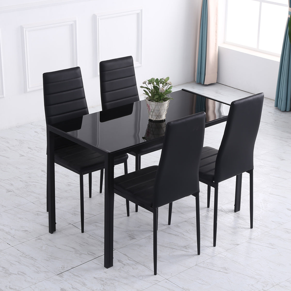 Table à manger pour 4 personnes, table de cuisine avec plateau en verre trempé et pieds en métal, 120x60x75cm, noir-5