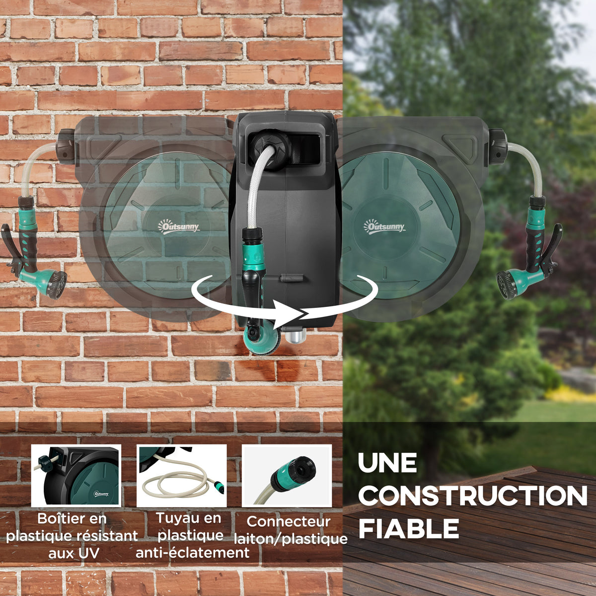 Enrouleur Tuyau Arrosage Mural 30 m x Ø 15 mm Dévidoir Automatique de Tuyaux d'Eau Rétractable Automatique vert-4