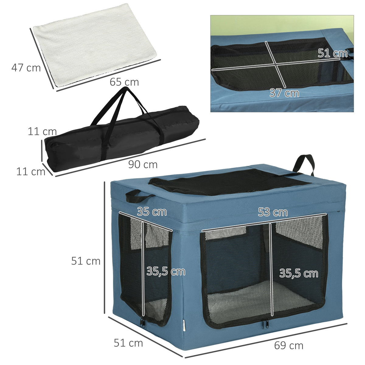 Sac de transport pliable pour animaux de compagnie avec poignée tissu en maille 69 x 51 x 51 cm bleu noir-2