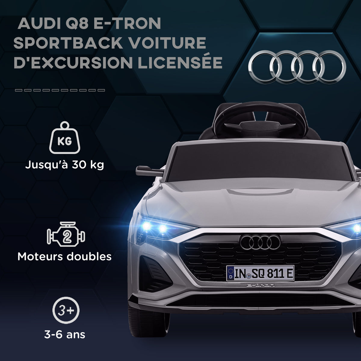 Voiture électrique pour enfants Licence Audi Q8 e-tron Sportback 12V télécommande, phares, musique, klaxon, 3-4 ans Gris-3