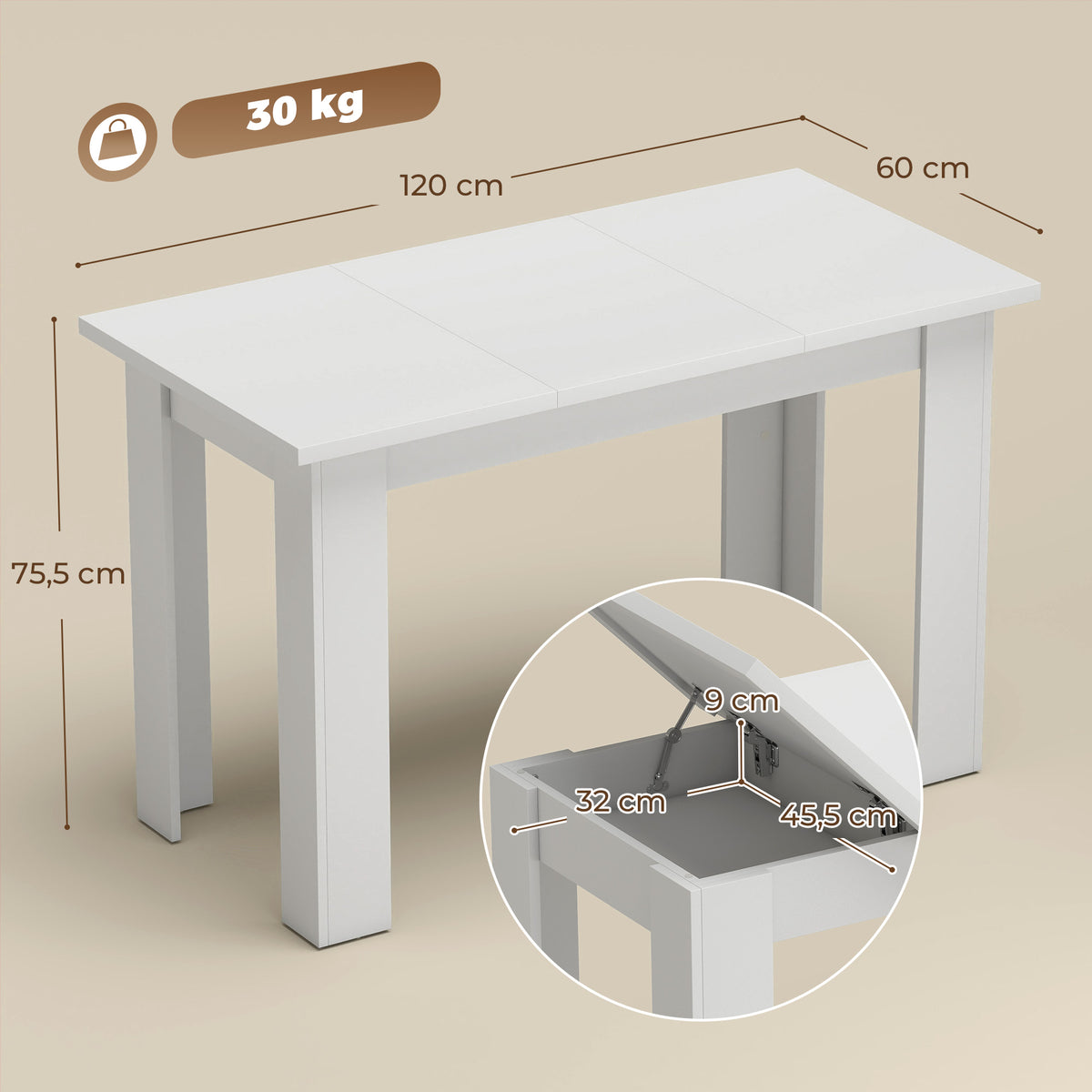 Table à Manger pour 4 Personnes avec Plateau Relevable et Rangements Cachés, 120 x 60 x 75,5 cm, Blanc-2
