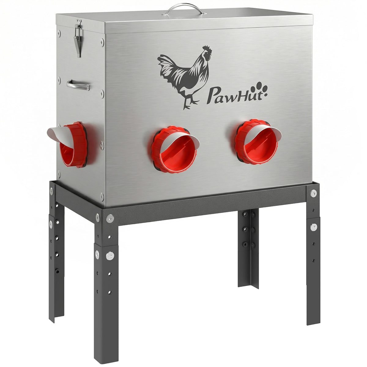 Mangeoire Automatique à Poulet 27L, 6 Ports, Hauteur Reglable, Couvercle Verrouillable, 42x25x55cm, Acier, Argent-0