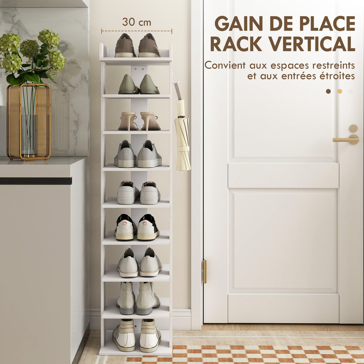 Étagère chaussure à 9 niveaux, range-chaussure jusqu'à 9 paires avec plateau supérieur, 2 crochets, 30x30x128,4cm, blanc-3