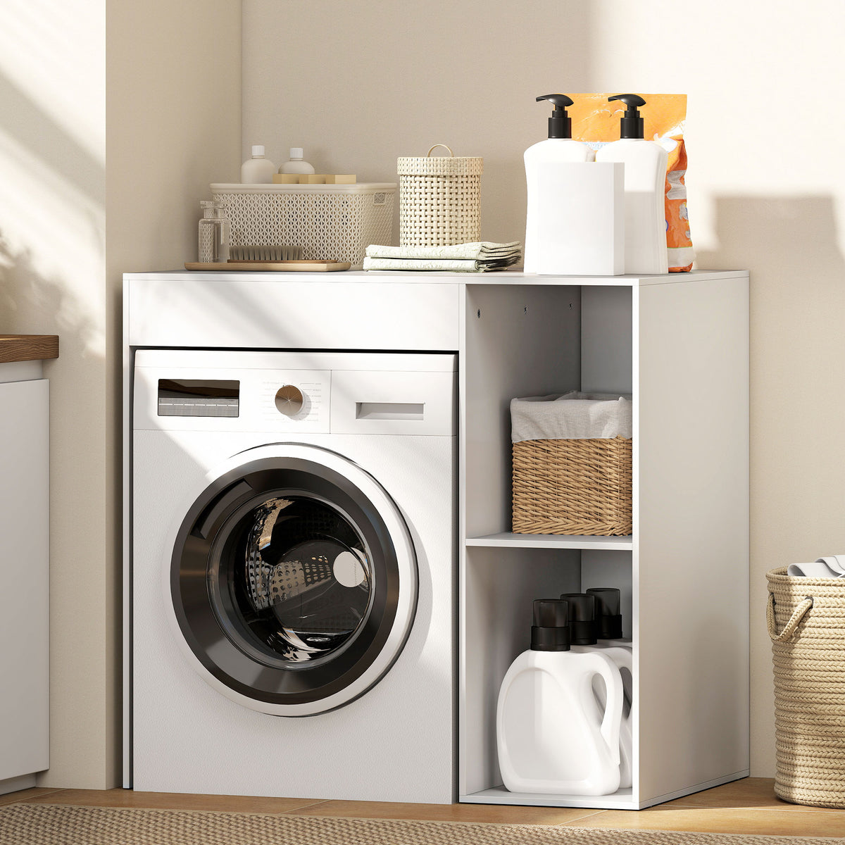 Meuble machine à laver, armoire machine a laver et sèche-linge avec 2 compartiments ouverts, 96 x 60 x 90,5 cm, blanc-1