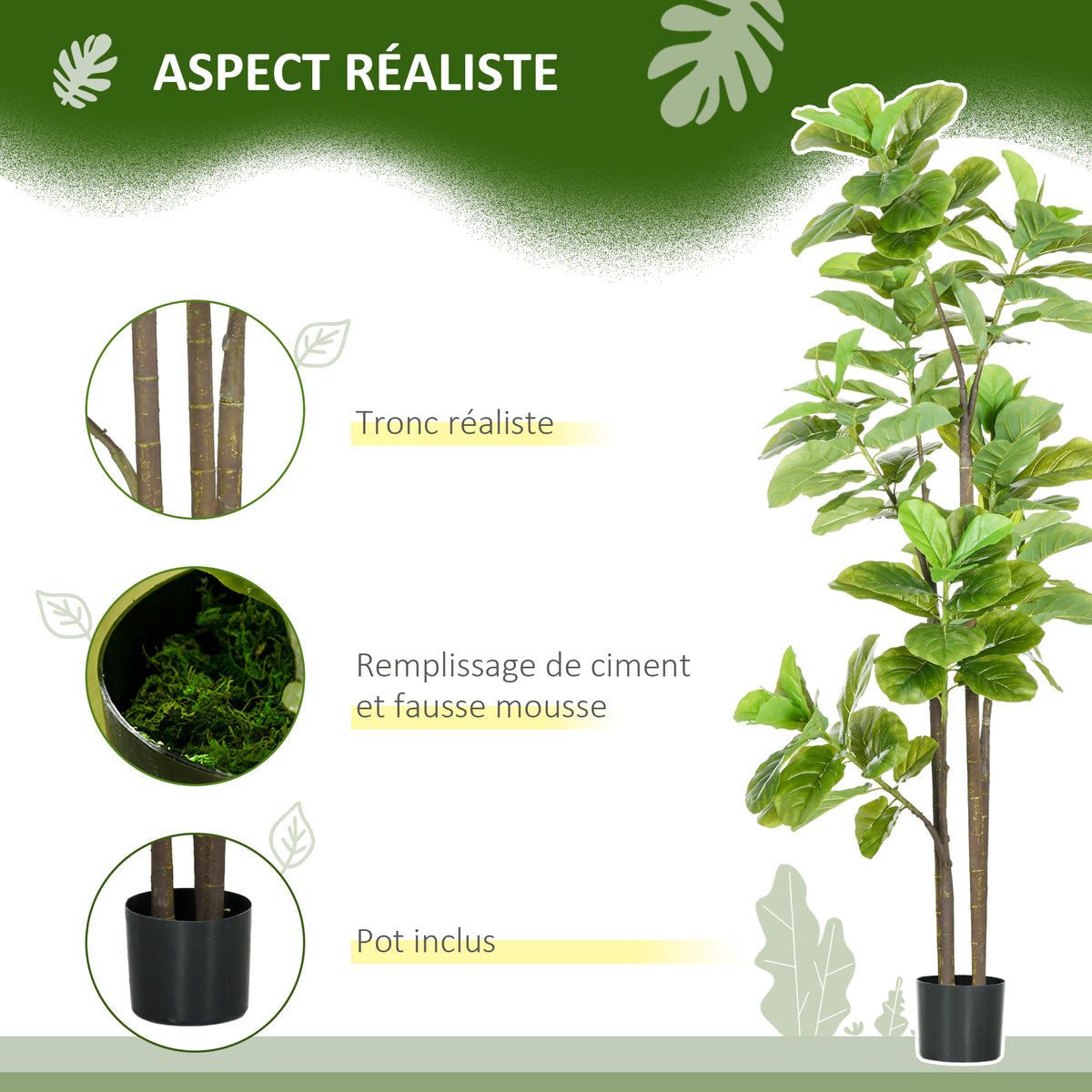 Lot de 2 plantes artificielles Figuier à feuilles de violon Ficus Lyrata hauteur 180cm avec Pot-4