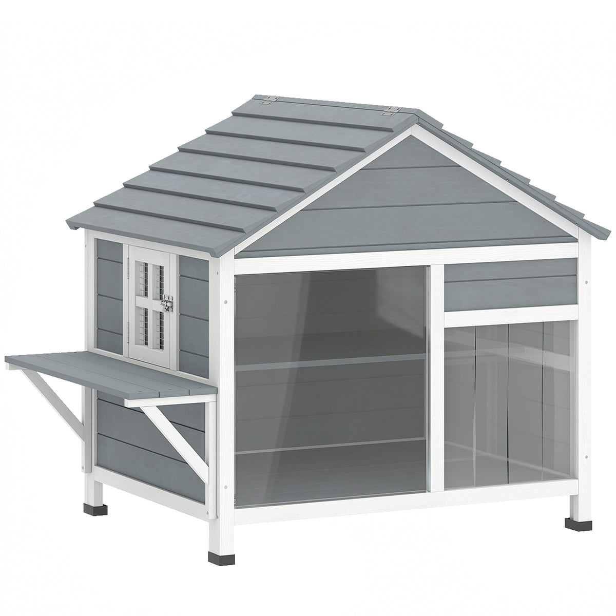 Maison pour Chat Extérieur Toit Ouvrant Fenêtre Panoramique Porte à Lamelles et Plateforme de Repos 101x72,5x81cm Gris-0