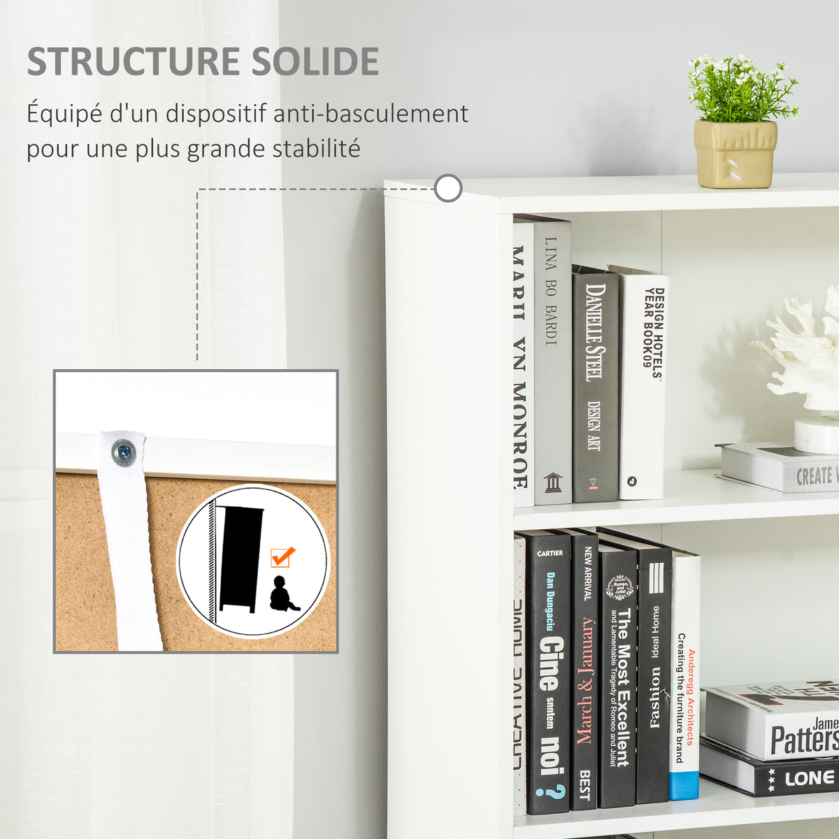 Bibliothèque Armoire à livres avec 4 compartiments ouverts et 2 portes pour le salon et le bureau 59x29x180 cm Blanc-4