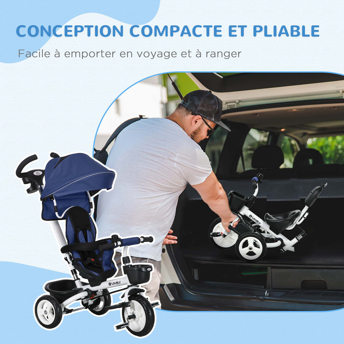 Tricycle 6 en 1 pour enfants, poignée de poussée, siège réversible, panier, auvent, ceinture de sécurité, 1-5 ans, bleu-4