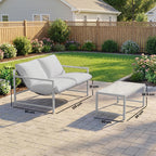 Salon de Jardin Extérieur 2 Pièces, Canapé avec Coussins, Table Basse en Verre Trempé Marbré 3D, 125x80x64cm, Gris Clair-2