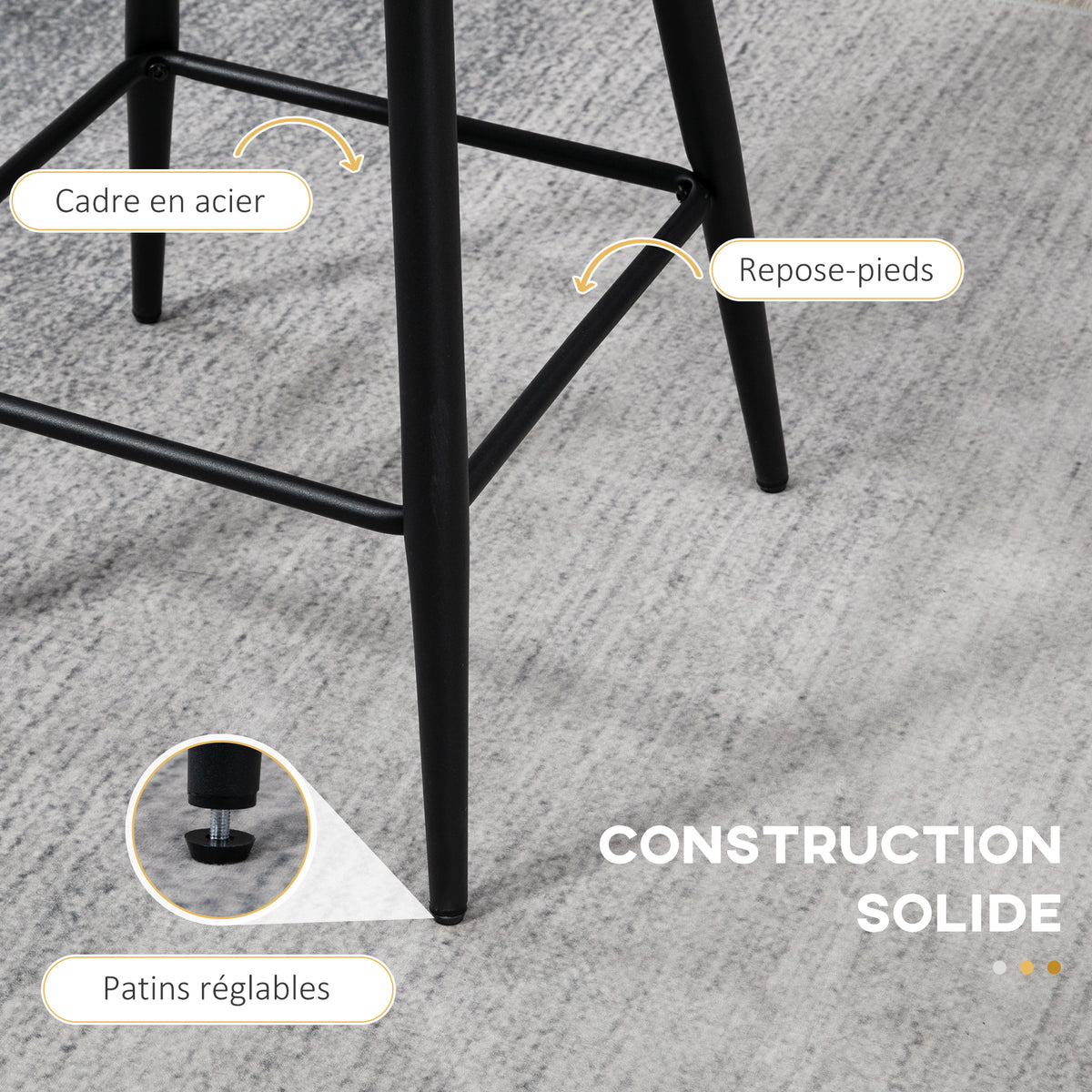 Lot de 2 chaises hautes tabourets de bar avec repose-pieds acier tissu effet laine bouclée hauteur 65 cm crème noir-5