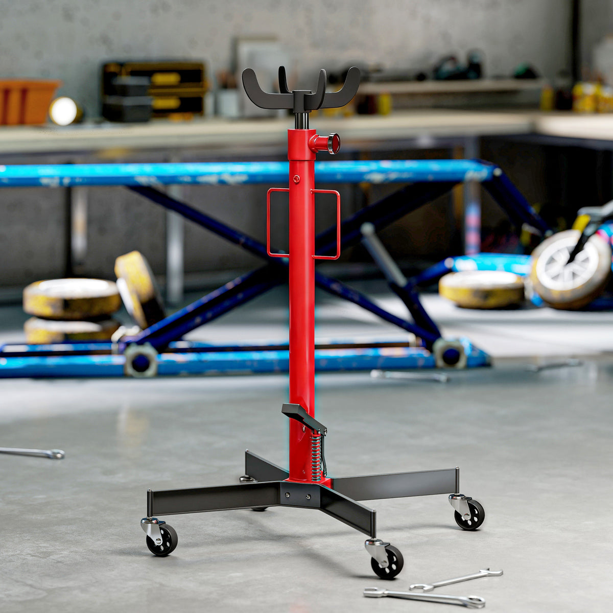 Vérin de fosse hydraulique, cric de levage 500 kg, avec roues pivotantes et pédale, acier, 58 x 58 x 110-191,5 cm rouge-8