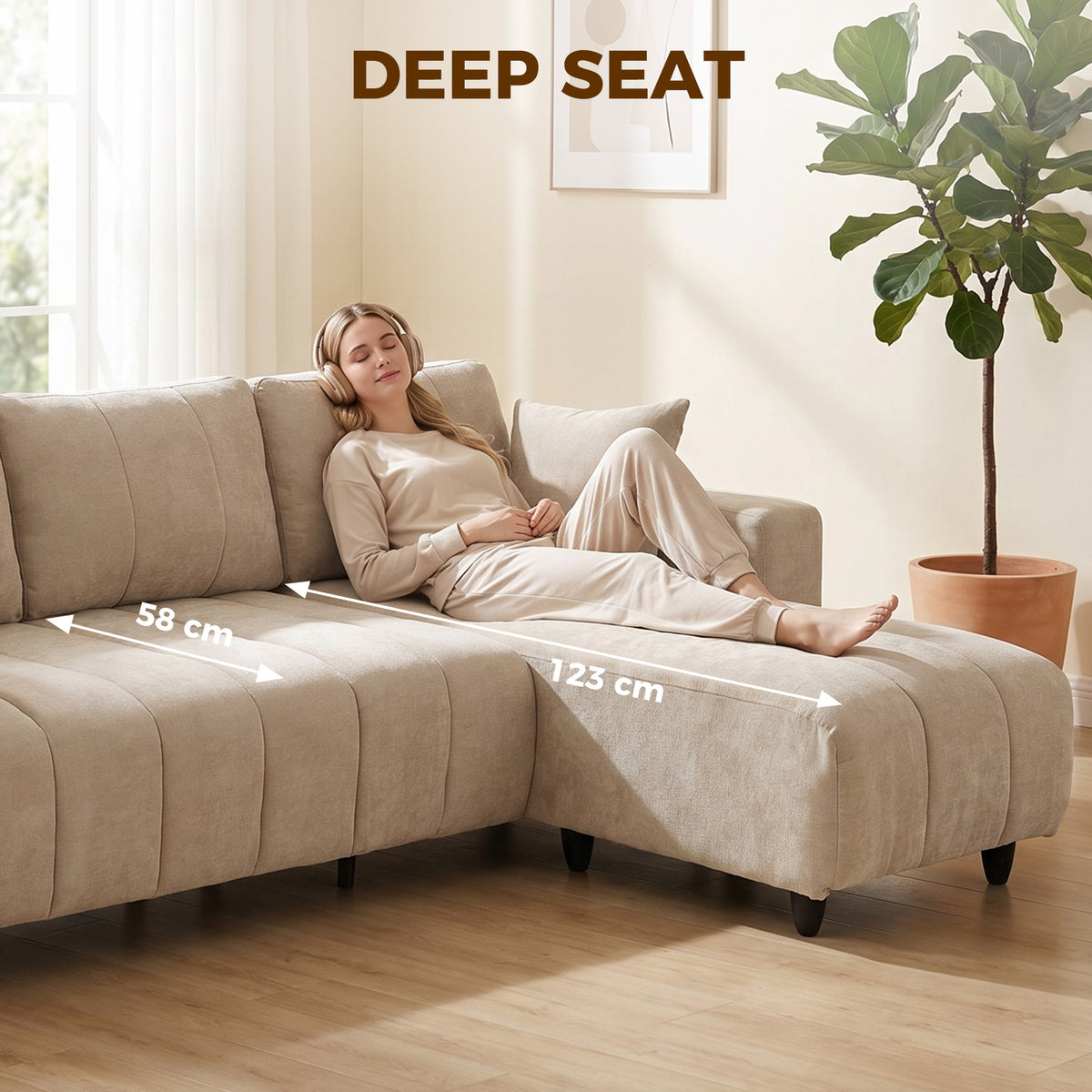 Canapé d'Angle Modulable 242 cm, Canapé 4 Places en L avec Méridienne Réversible, 2 Oreillers, Tissu Aspect Lin, Beige-7