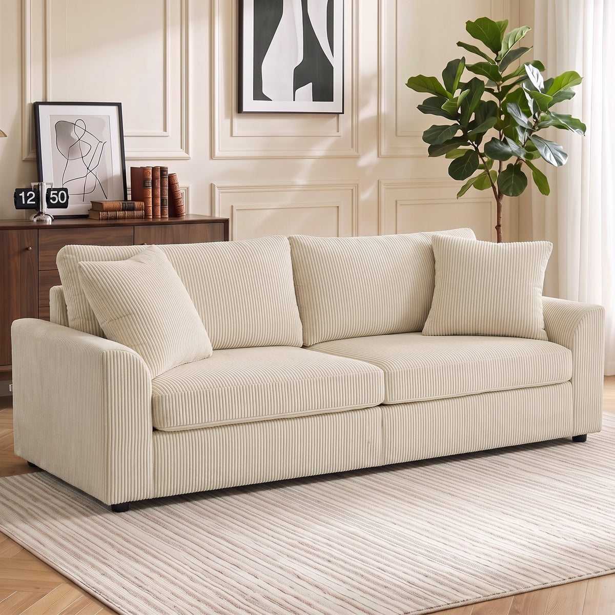 Canapé 3 places 212 cm avec 2 coussins à ressorts, tissu velours côtelé, pour salon, chambre, bureau à domicile, crème-1