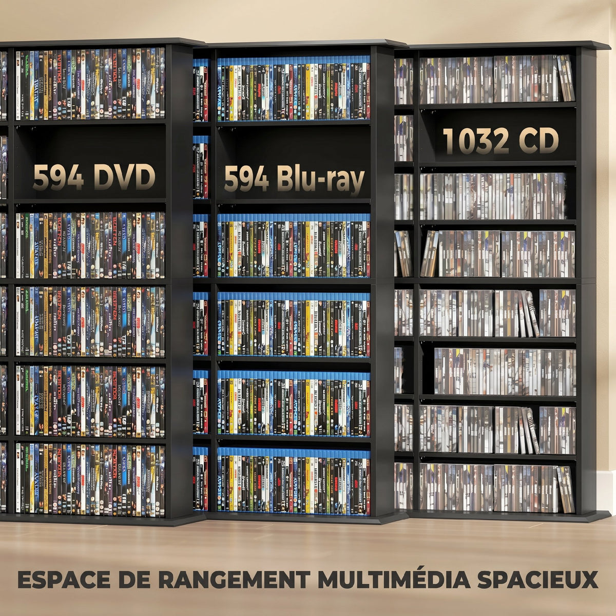 Meuble de rangement 1032 CDs / 594 DVDs, étagère multimédia, 24 compartiments et 18 étagères ajustables, noir-3