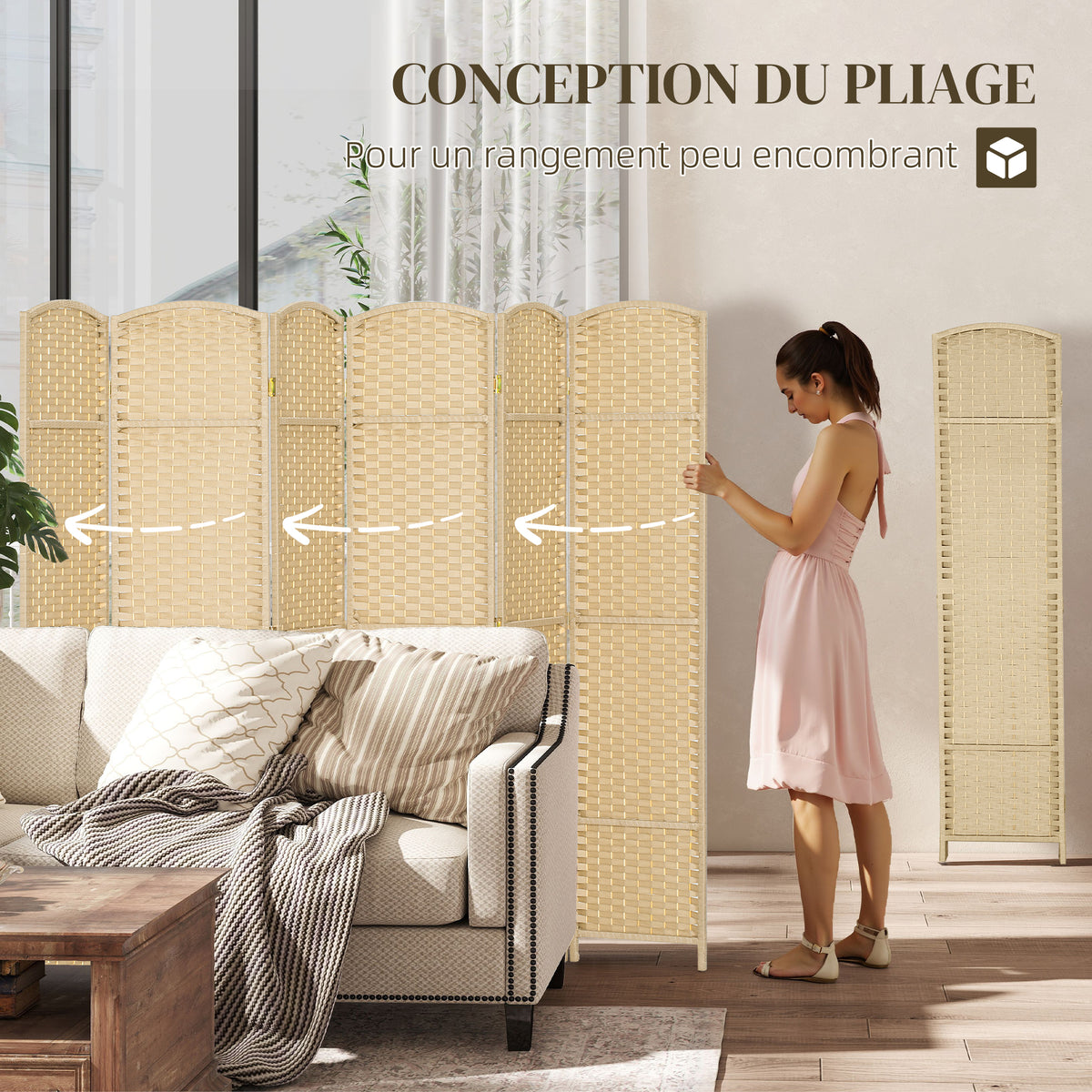 Paravent interieur en bois 6 panneaux 240 x 170 cm séparateur de pièce pliable pour salon, chambre à coucher, naturel-4
