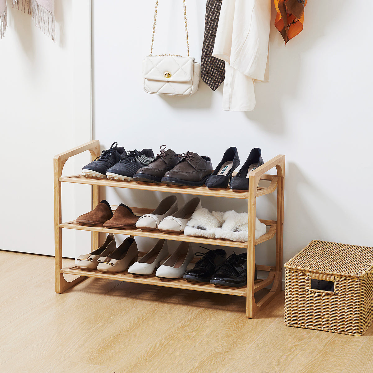 Étagère à chaussures à 3 niveaux porte-chaussures en bambou 9 paires de chaussures 76 x 33 x 51 cm naturel-1