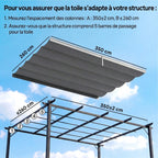 Toile de toit pour pergola tonnelle rétractable de 4 x 3 m - toile uniquement 350 x 260 cm gris clair-3