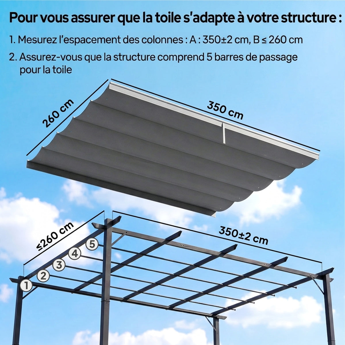 Toile de toit pour pergola tonnelle rétractable de 4 x 3 m - toile uniquement 350 x 260 cm gris clair-3