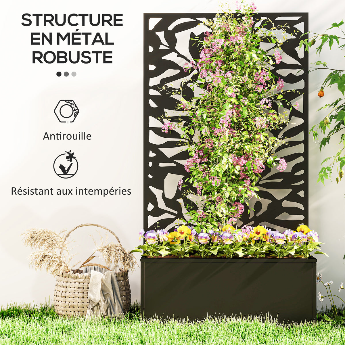 Jardinière avec treillis bac à fleurs rectangulaire grande taille panneau d'intimité métal 61 x 23 x 113 cm noir-3