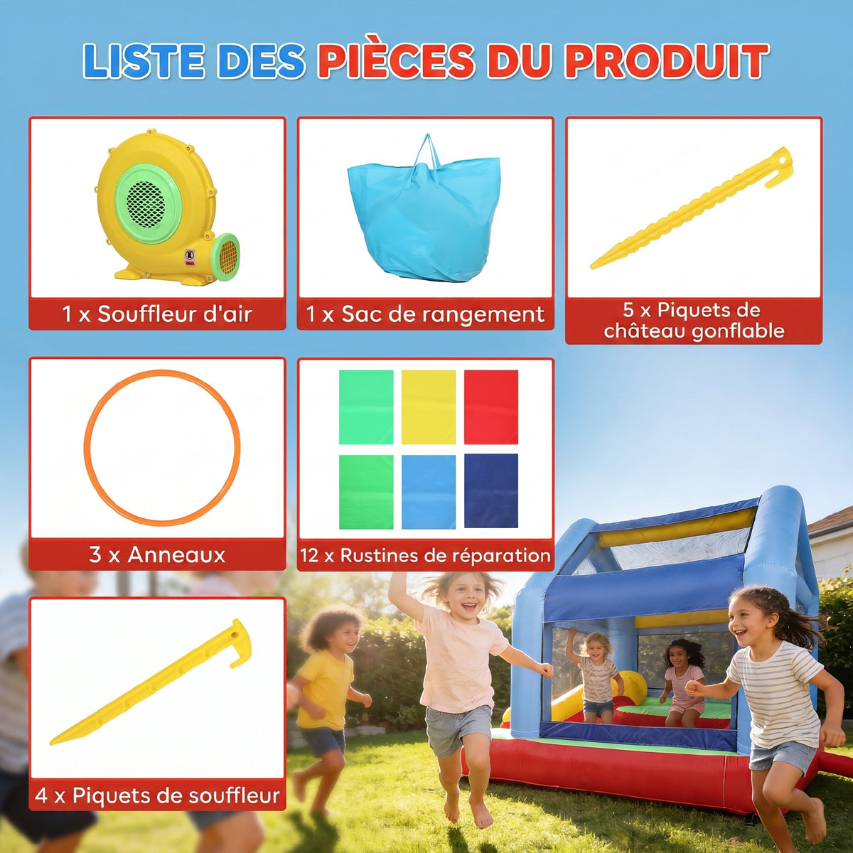 Château gonflable 4 en 1, aire de jeux avec souffleur, toboggan, piscine à balles, jeu de lancer d'anneaux, multicolore-7