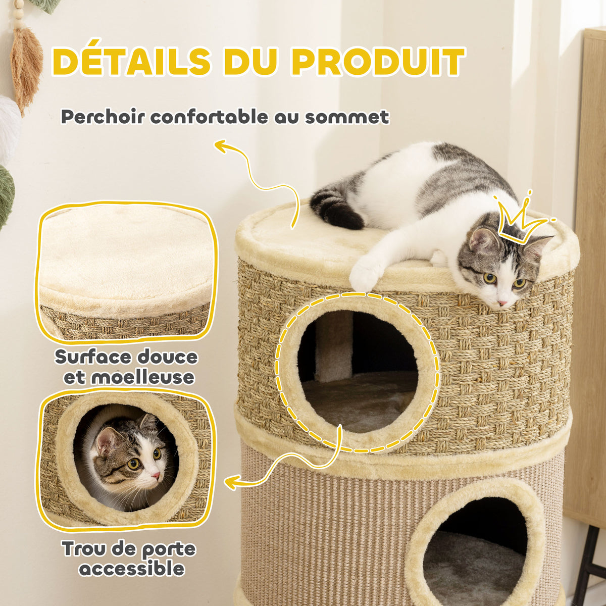 Tonneau à Gratter pour Chat Arbre à Chat Sisal Naturel et Herbiers Marins Recouvert de Peluche 45 x 45 x 79cm Kaki Café-4