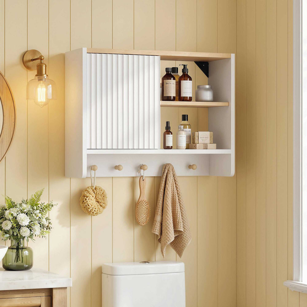 Armoire murale de salle de bain, meuble de rangement de salle de bains avec porte, étagères ouvertes et 5 crochets-1