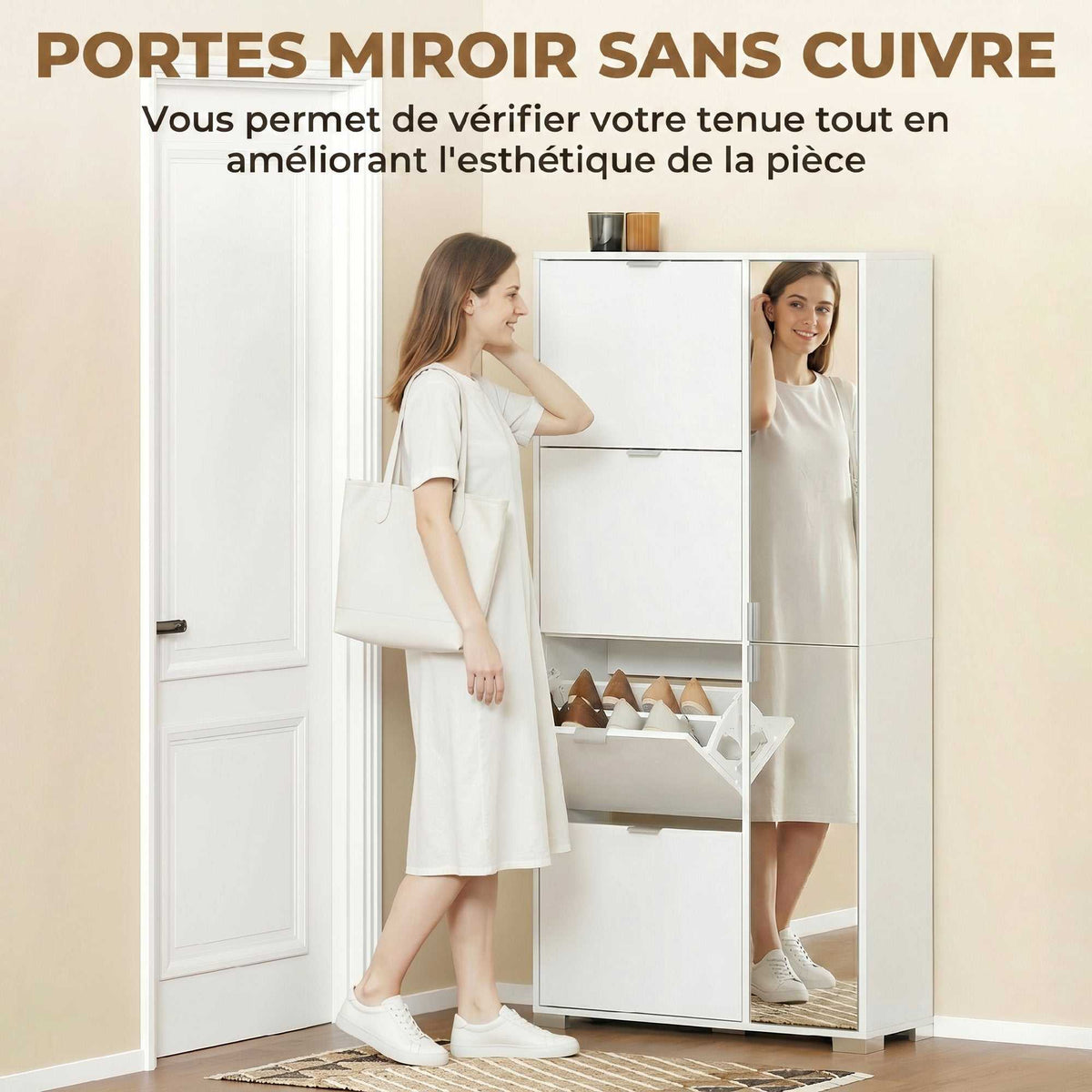 Meuble à chaussures 16 paires armoire à chaussures 4 tiroirs rabattables 2 portes en miroir étagères réglables blanc-3