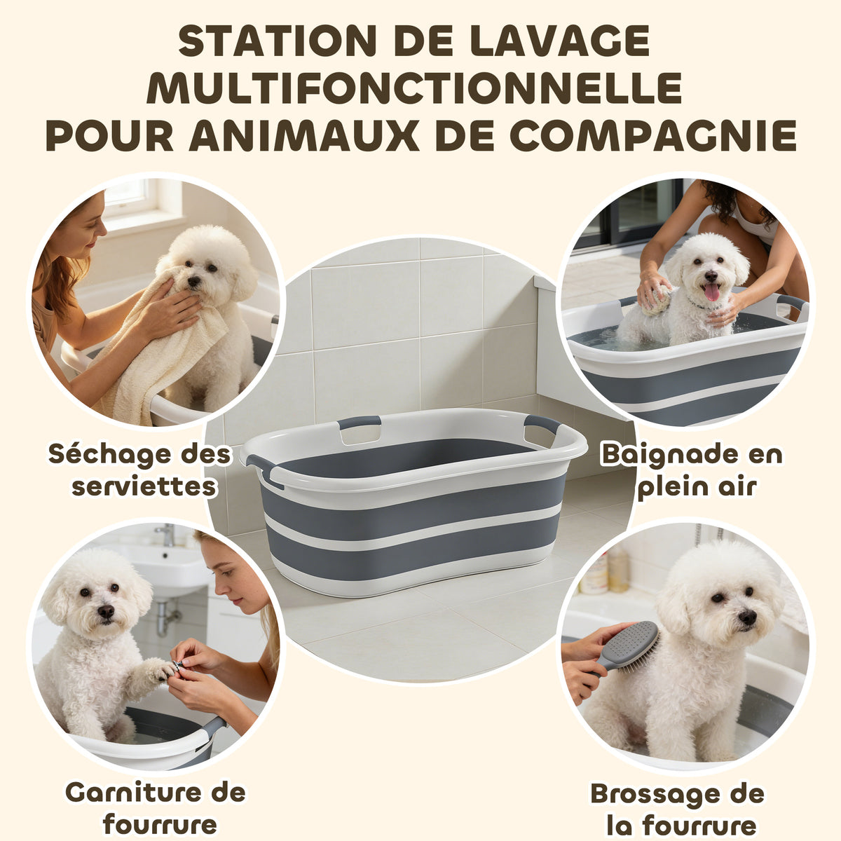 Baignoire pour Chien, Baignoire Pliable et Portable avec Trou de Drainage, pour Petits Chiens et Chiots, Gris-3