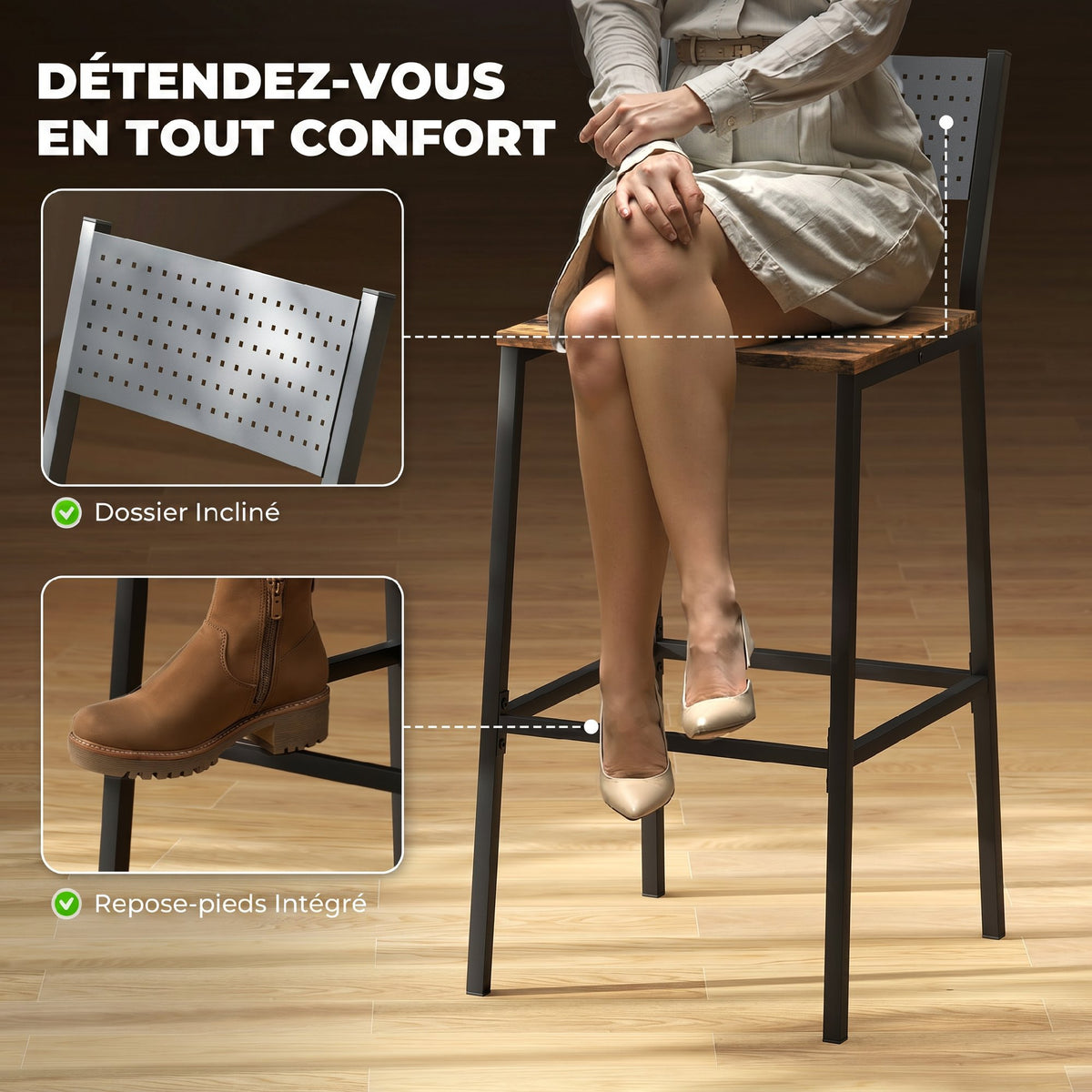 Lot de 2 tabourets de bar, chaises de bar, assise 72,5H cm, dossier et repose-pieds, pieds en métal, brun rustique-4