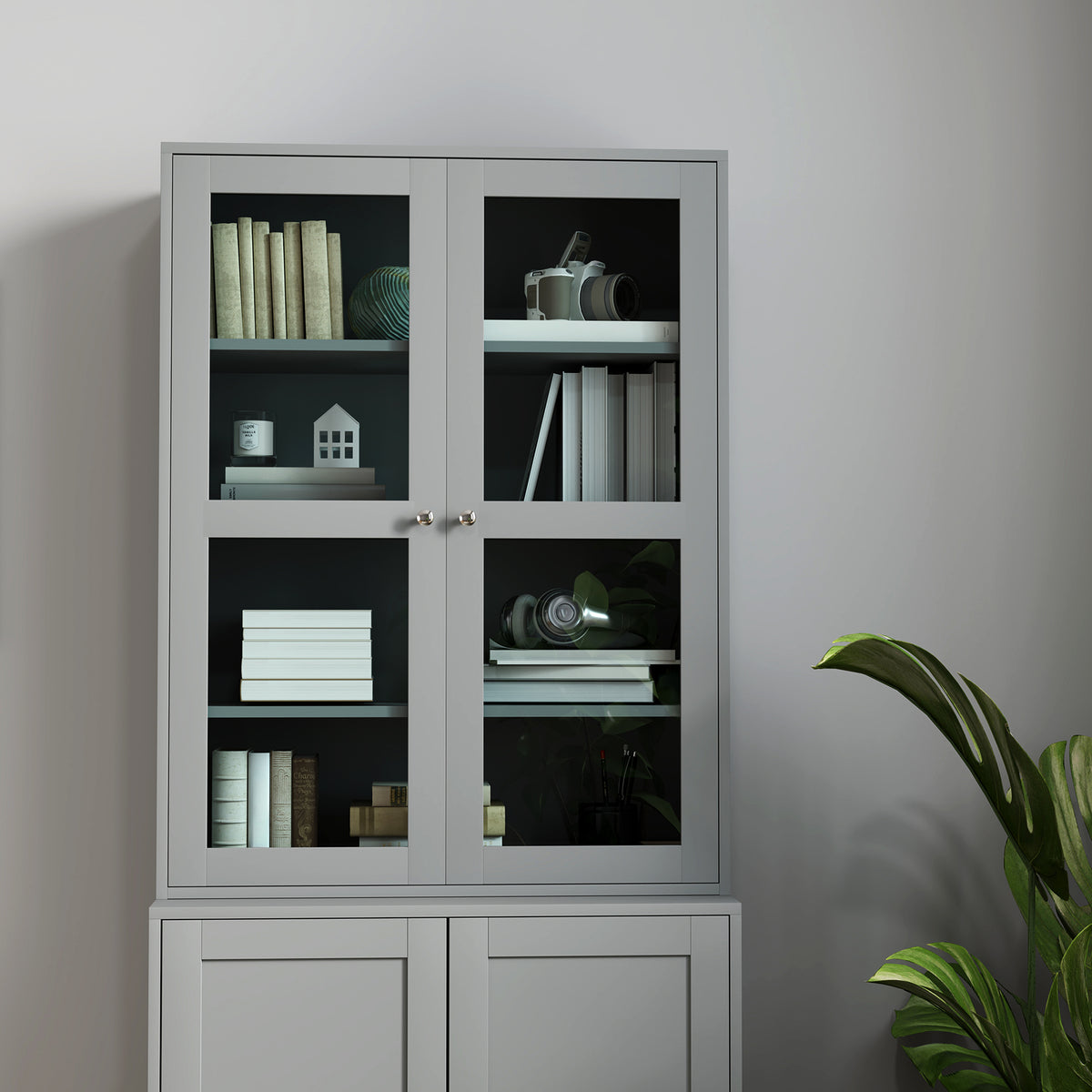 Bibliothèque vitrine, meuble de rangement à 6 niveaux avec 4 portes dont 2 en verre trempé, étagères réglables, gris-8