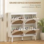 Meuble à chaussures 4 abattants 20 paires étagère réglable style bohème pieds en bois massif 105 x 24 x 97,5 cm blanc-3